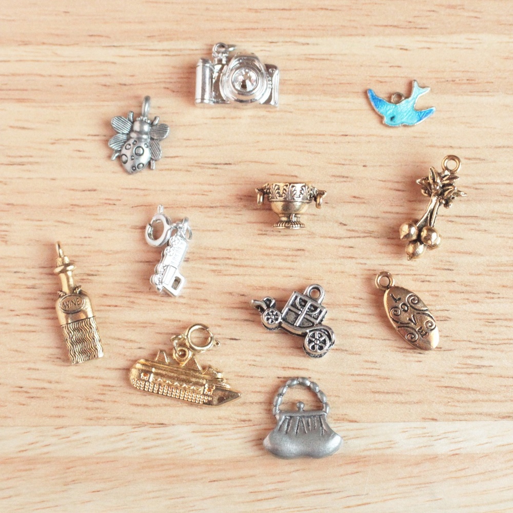 Assorted Charms Lot Camera Train Ship Wine Purse Carriage Bird Ladybug Dove Cup